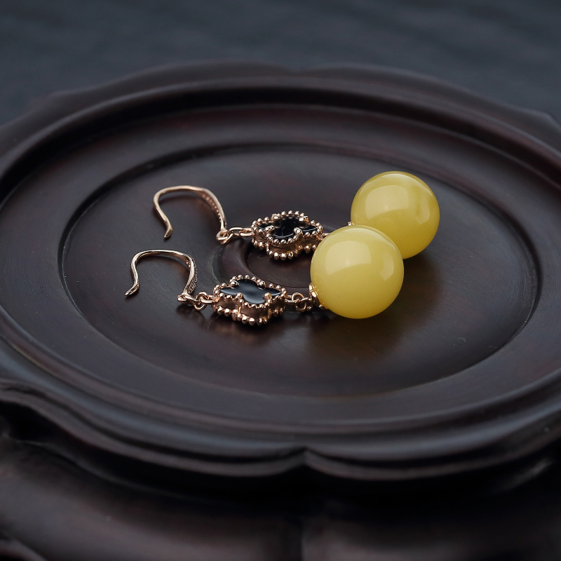 天然蜜蜡圆珠耳坠-红掌柜