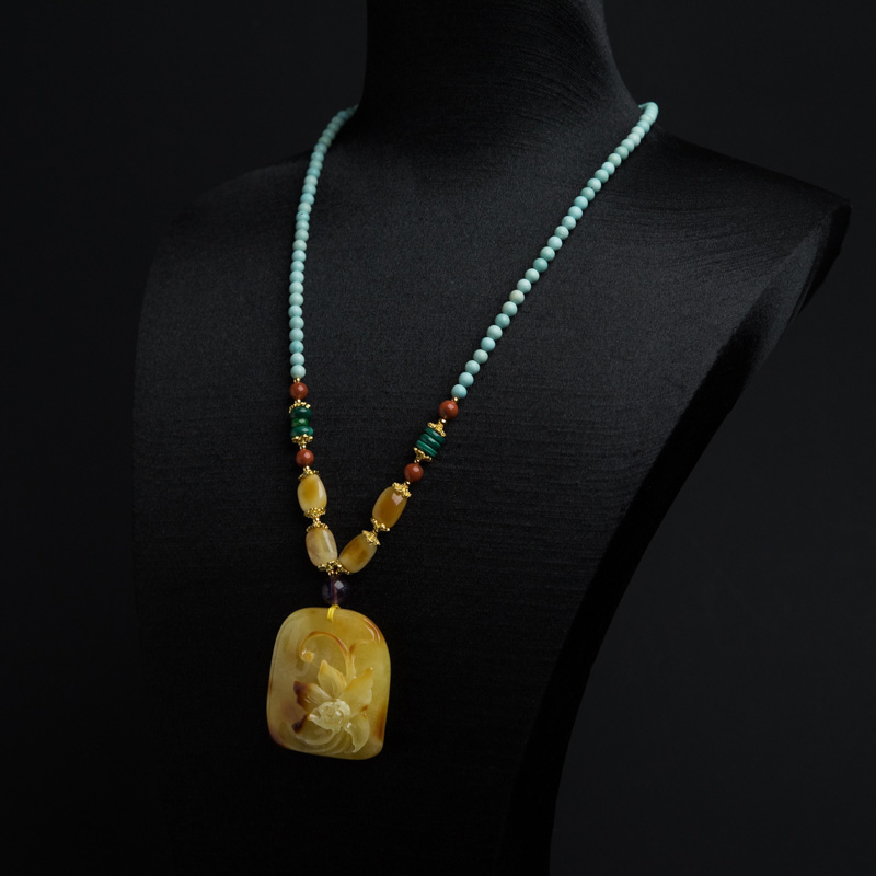 天然俏色蜜蜡花牌项链-红掌柜