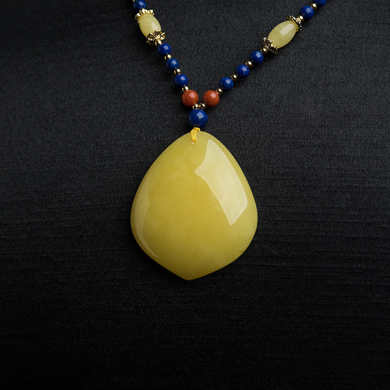 天然鸡油黄蜜蜡水滴项链-红掌柜