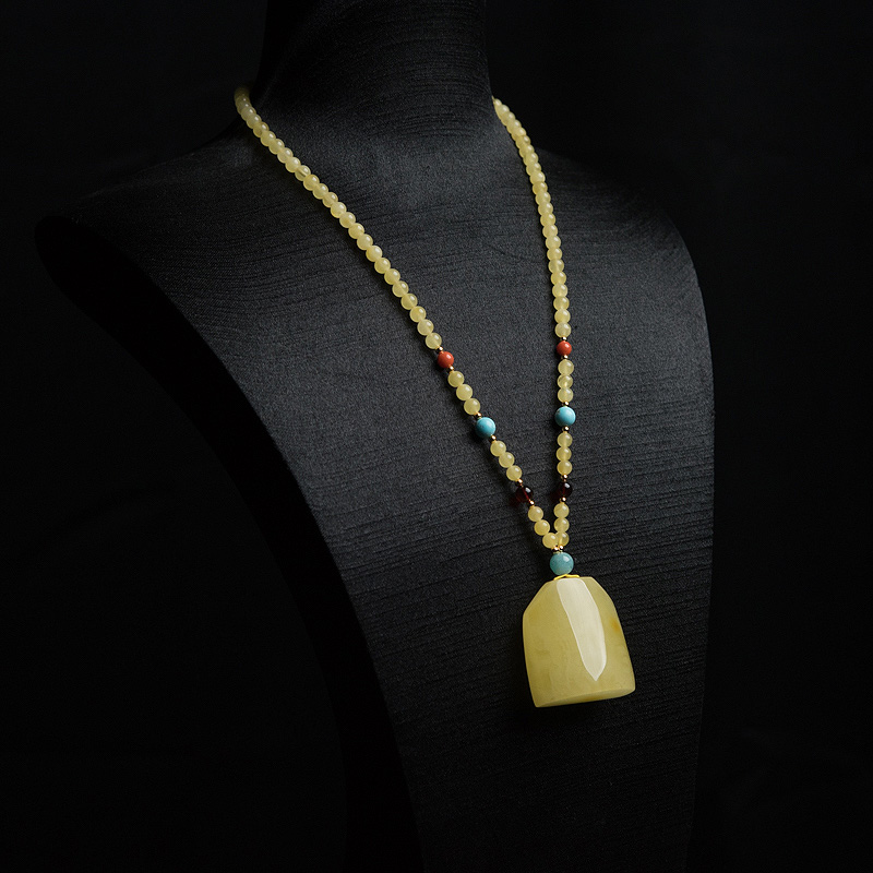 波罗的海鸡油黄蜜蜡方牌项链-红掌柜