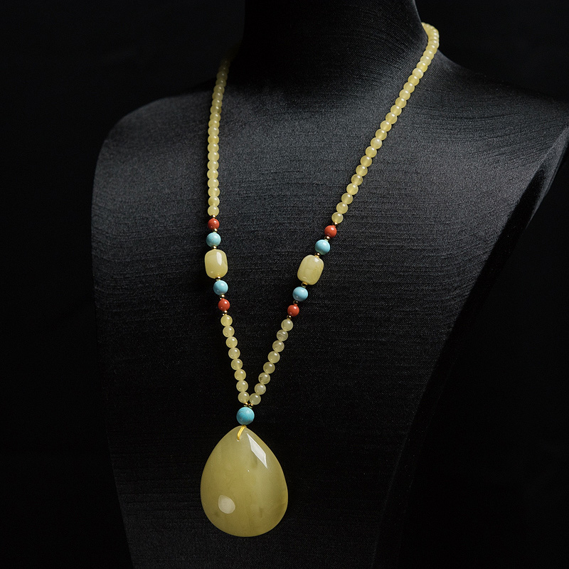 天然鸡油黄蜜蜡水滴项链-红掌柜