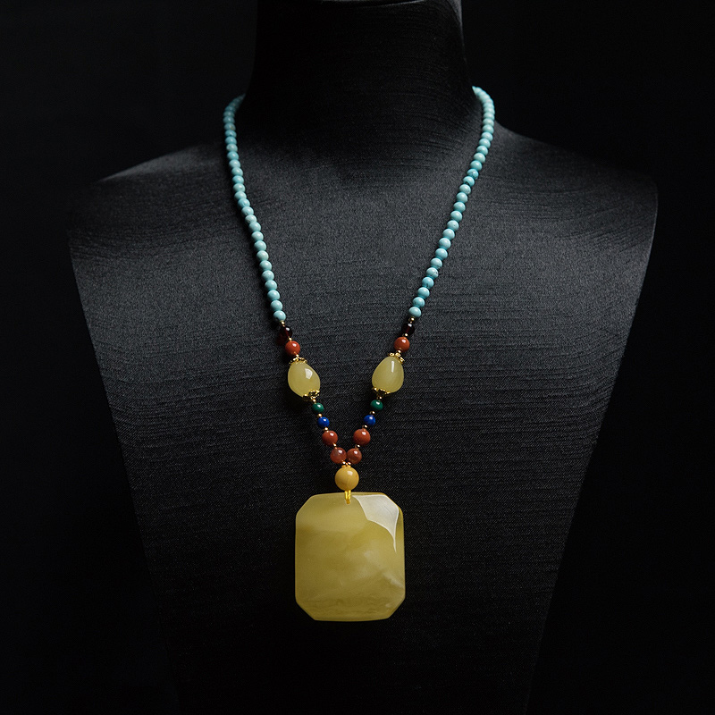 波罗的海天然鸡油黄蜜蜡方牌项链-红掌柜