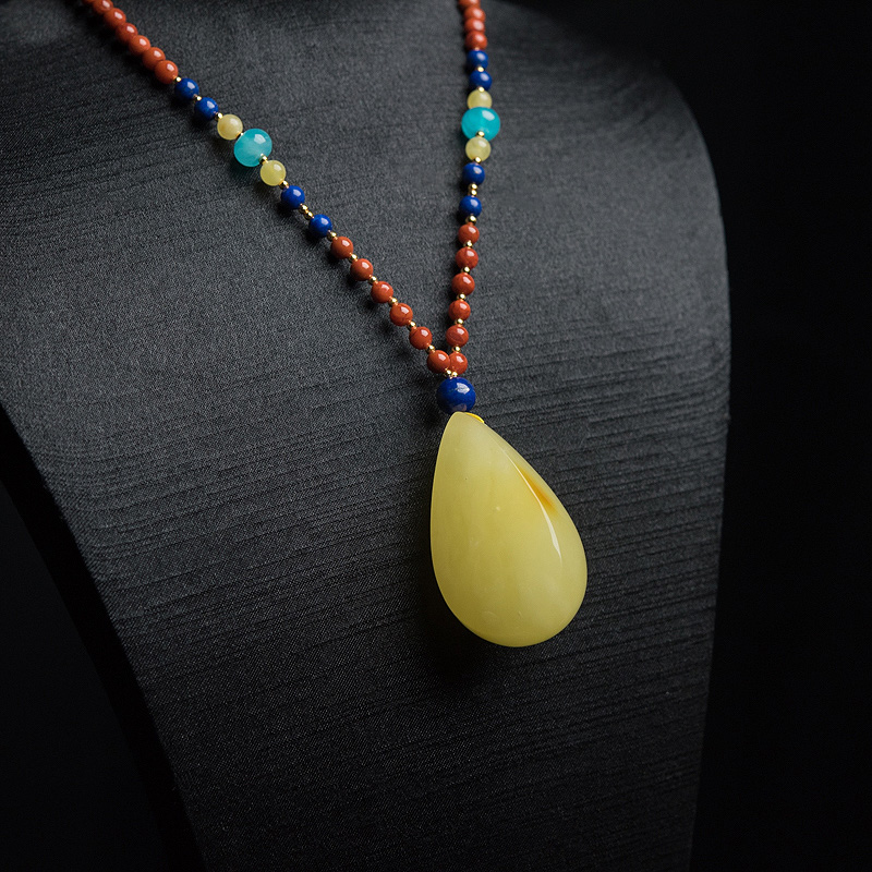 鸡油黄蜜蜡水滴项链-红掌柜