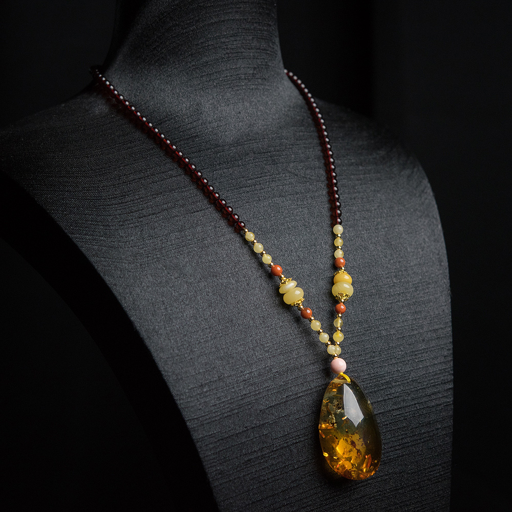 天然花珀水滴项链-红掌柜