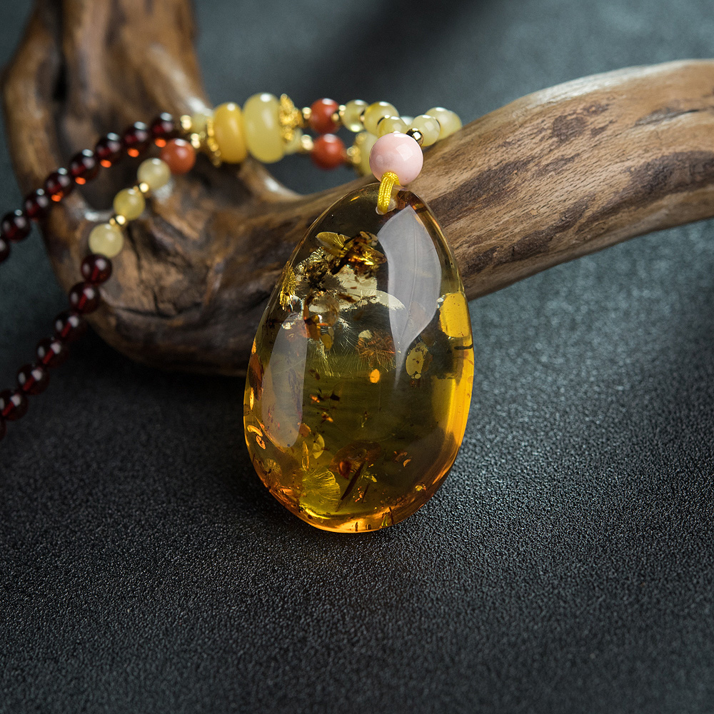 缅甸天然花珀水滴项链-红掌柜
