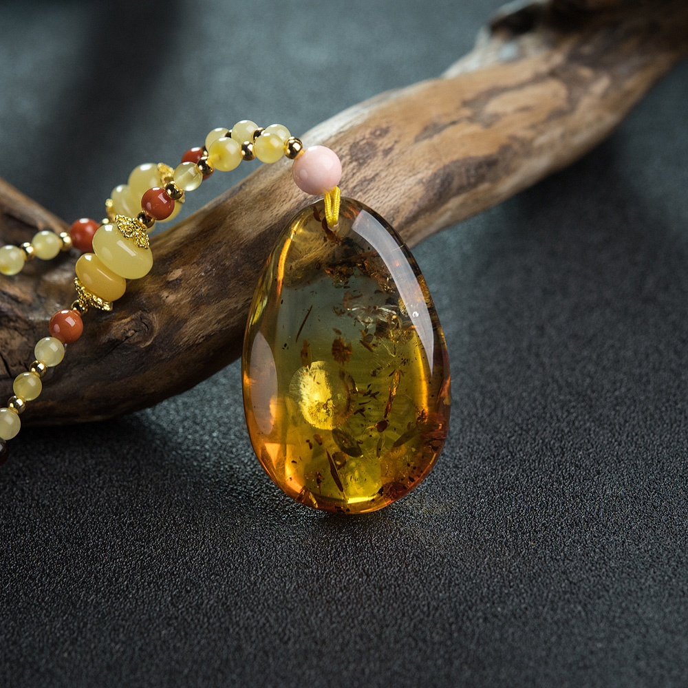 天然花珀水滴项链-红掌柜