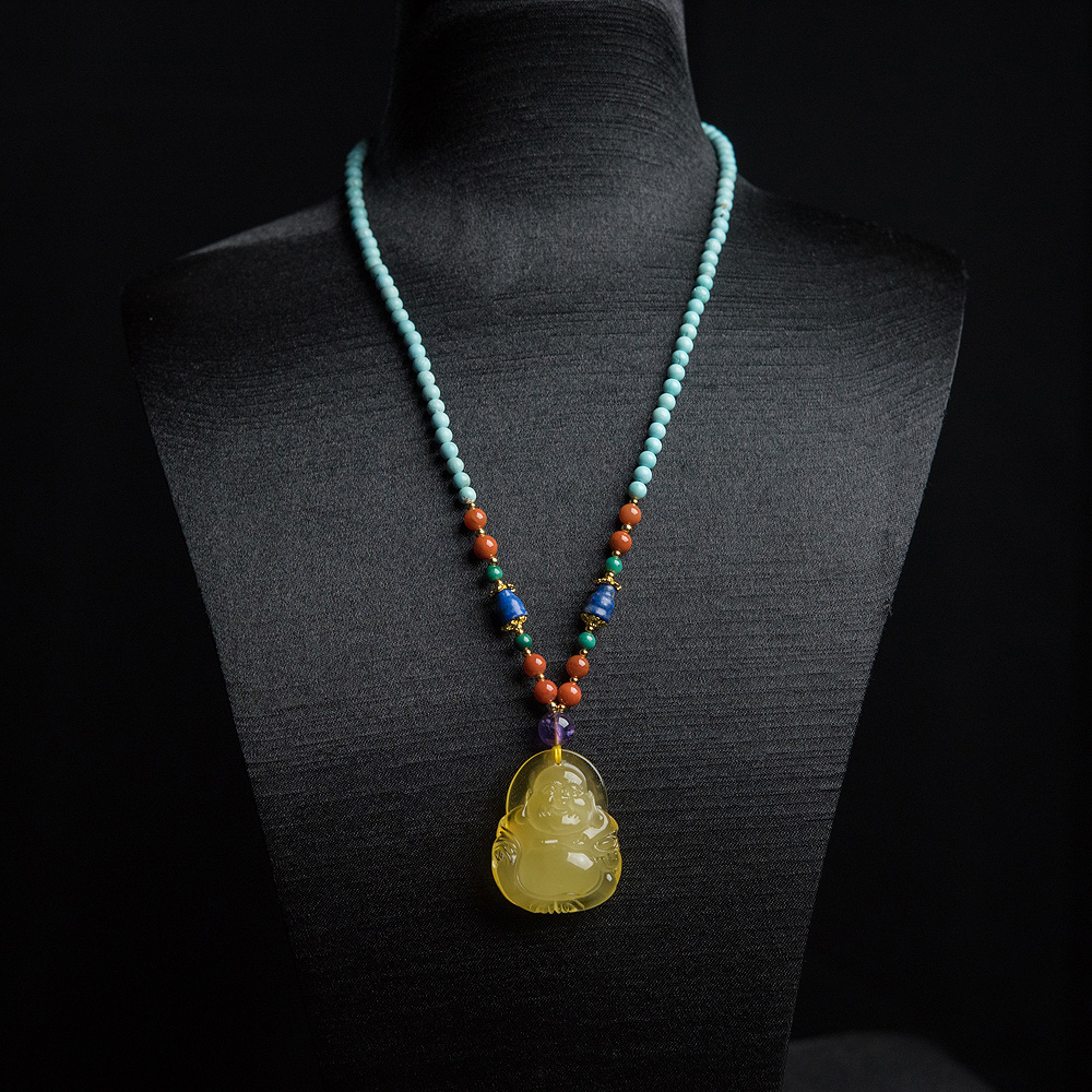 鸡油黄蜜蜡弥勒佛项链-红掌柜