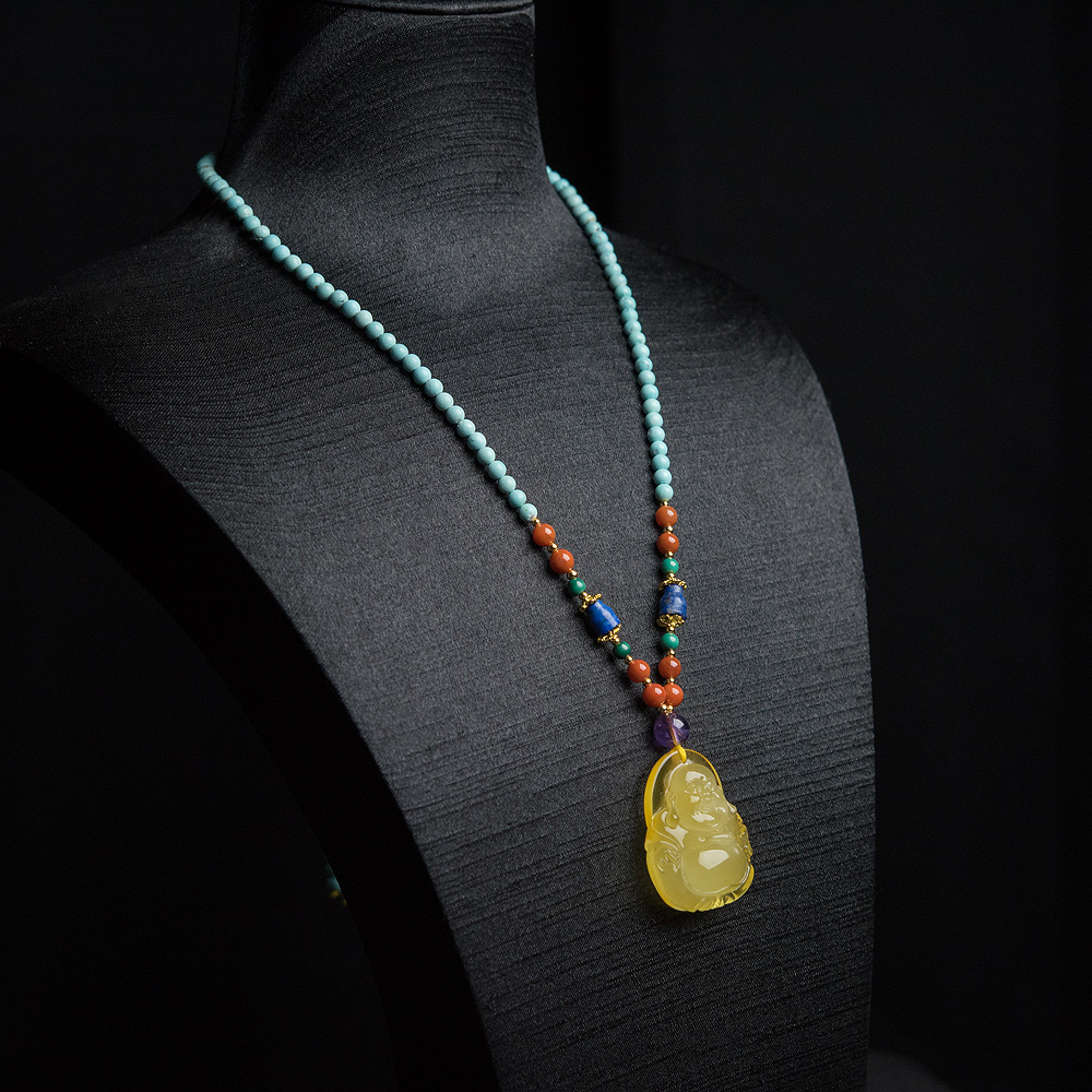 天然鸡油黄蜜蜡弥勒佛项链-红掌柜