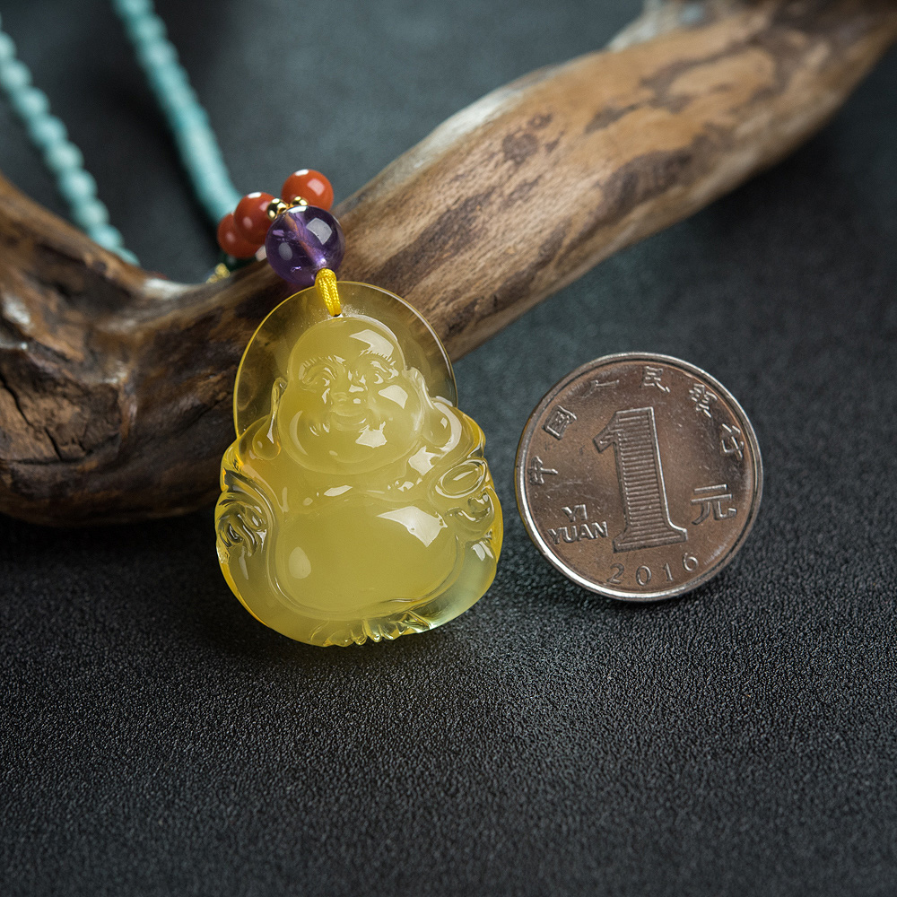 鸡油黄蜜蜡弥勒佛项链-红掌柜