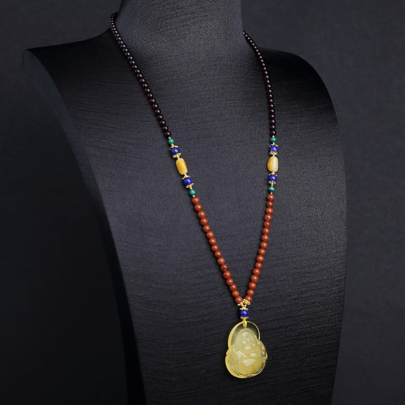 天然鸡油黄蜜蜡弥勒佛项链-红掌柜