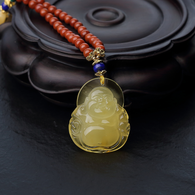 波罗的海鸡油黄蜜蜡弥勒佛项链-红掌柜