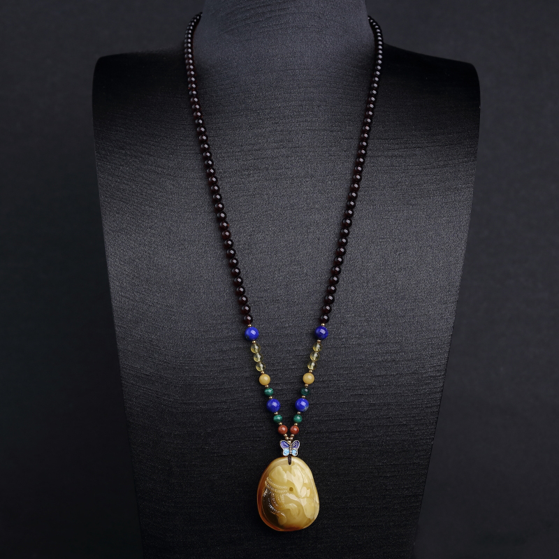 波罗的海天然带皮鸡油黄蜜蜡钱袋项链-红掌柜