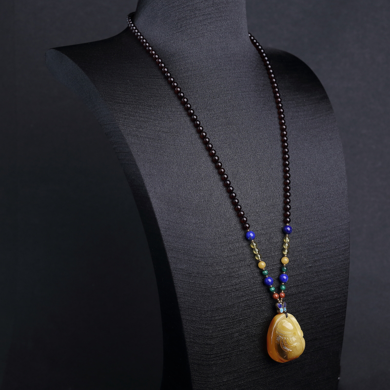 天然带皮鸡油黄蜜蜡钱袋项链-红掌柜