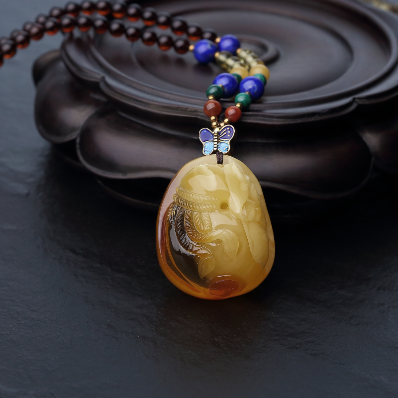 波罗的海带皮鸡油黄蜜蜡钱袋项链-红掌柜