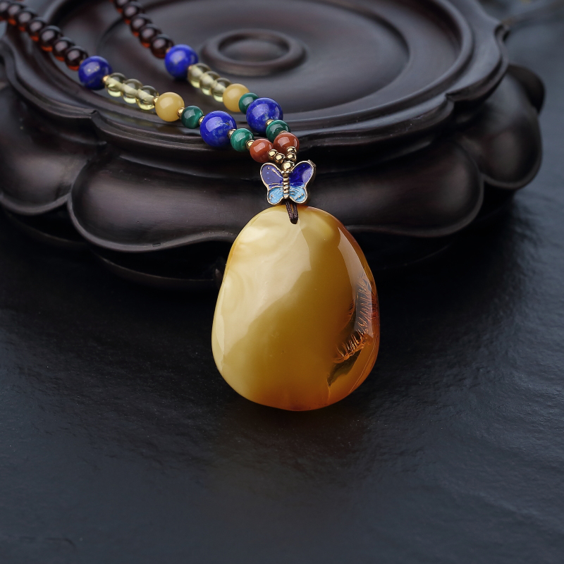 波罗的海天然带皮蜜蜡钱袋项链-红掌柜