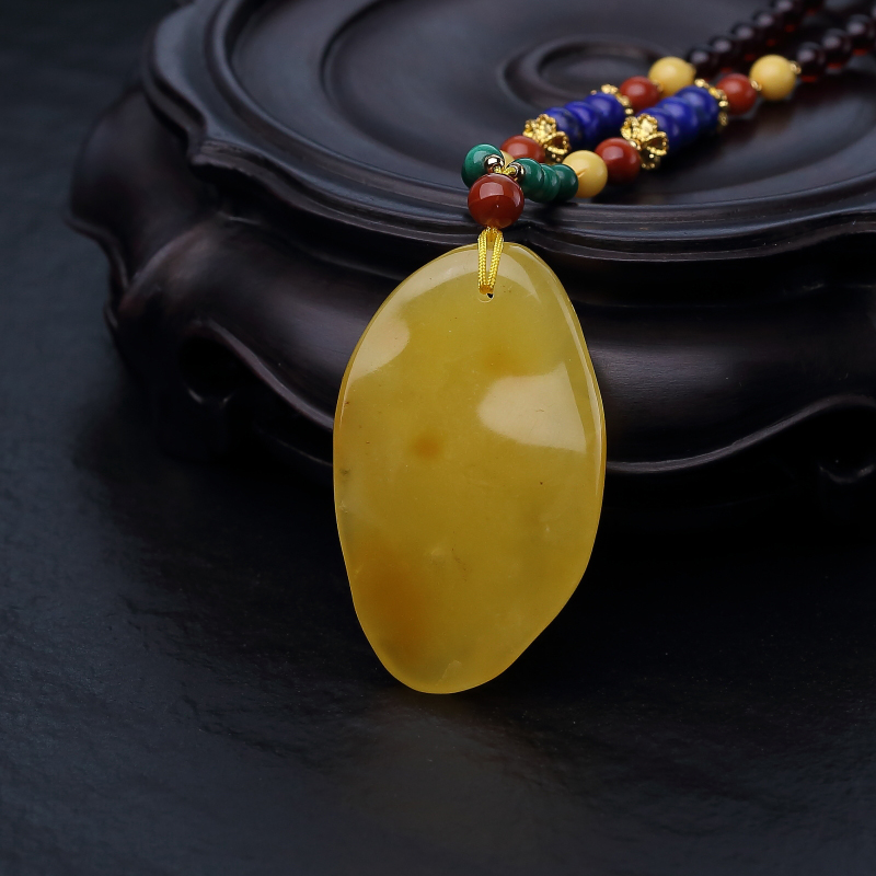 鸡油黄蜜蜡弥勒佛项链-红掌柜