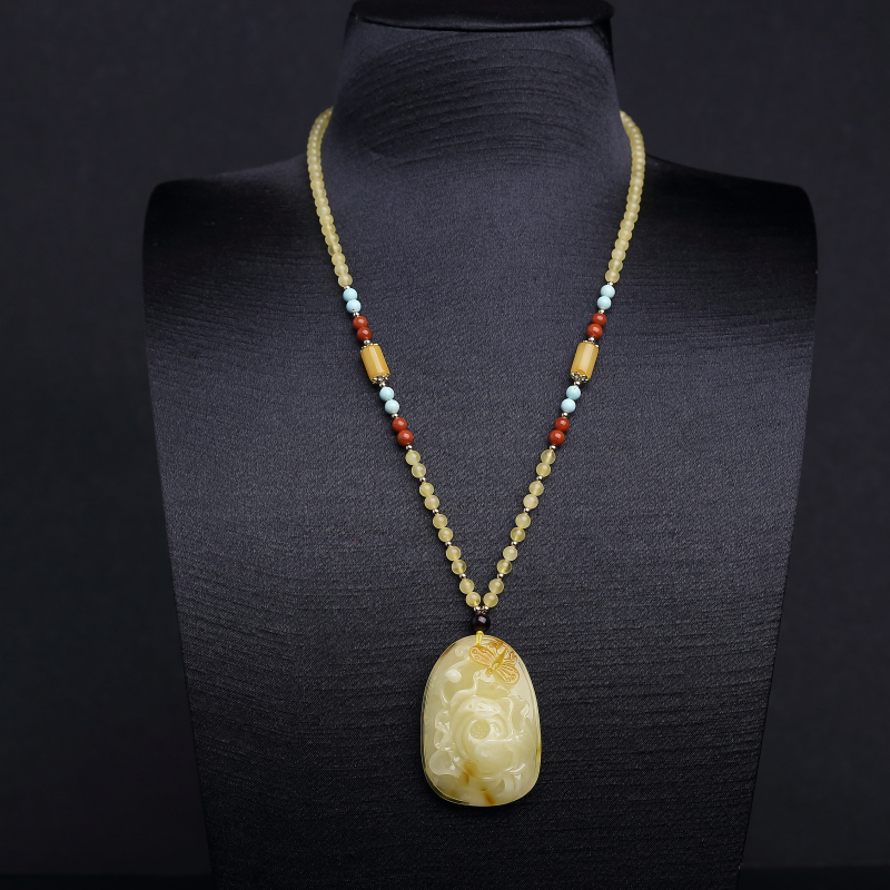 波罗的海天然俏色蜜蜡蝶恋花项链-红掌柜