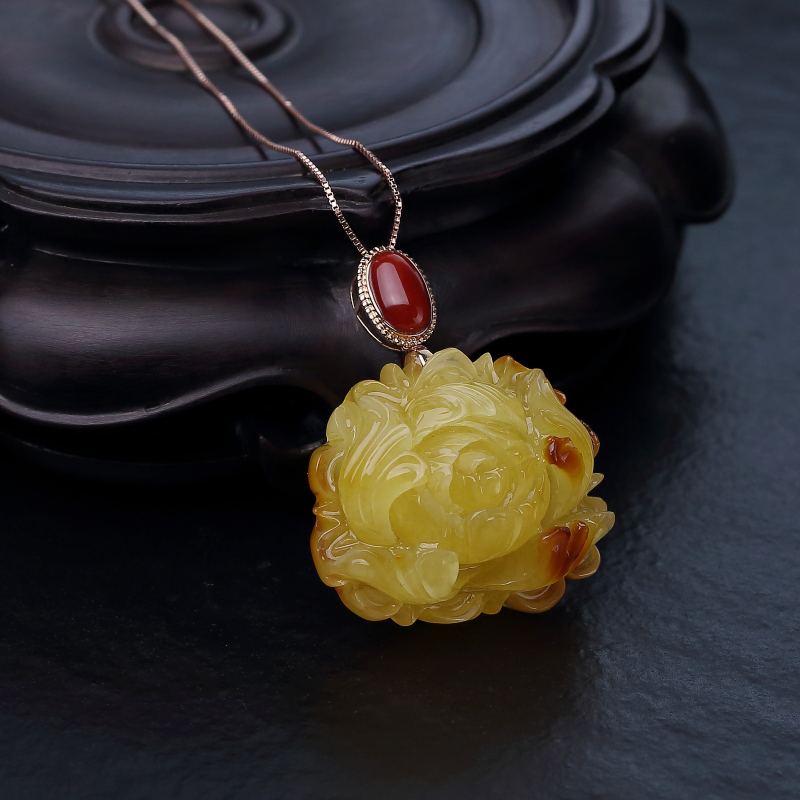 18K金镶天然鸡油黄蜜蜡项链-红掌柜