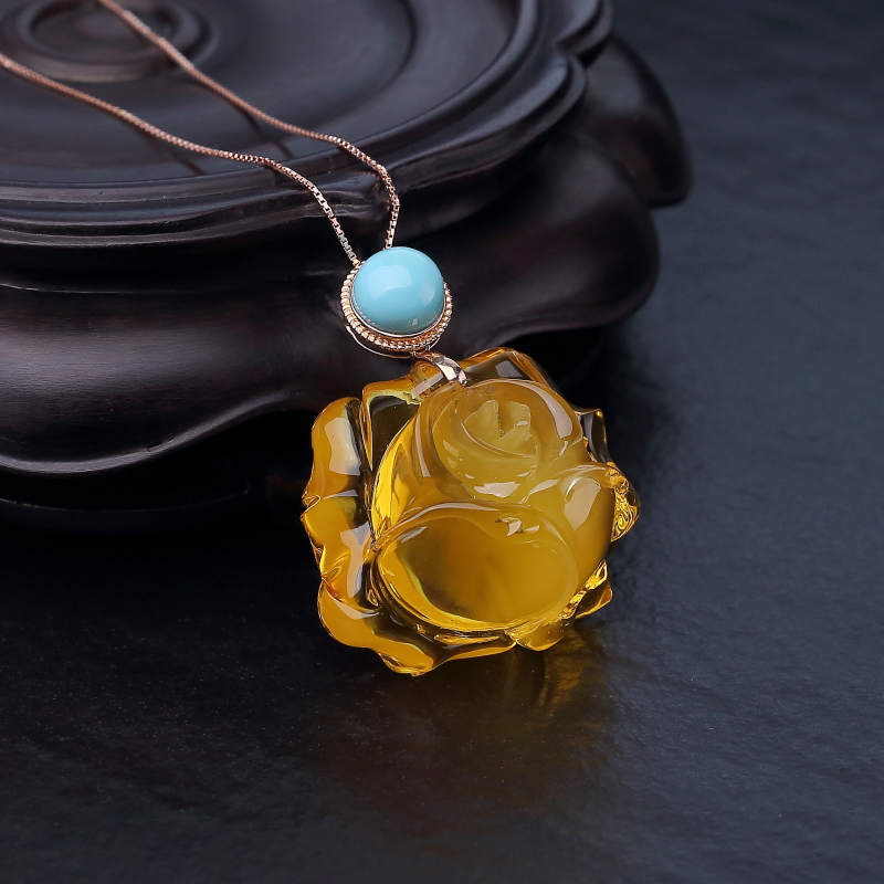 18K金镶天然鸡油黄玫瑰花项链-红掌柜