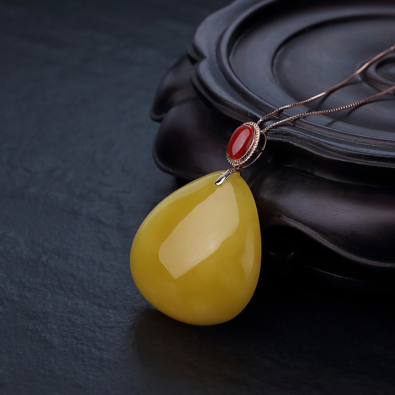 18K金镶天然蜜蜡水滴项链-红掌柜