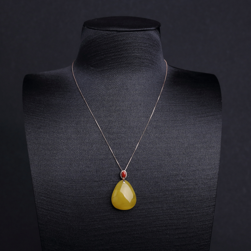 18K金镶天然鸡油黄蜜蜡水滴项链-红掌柜