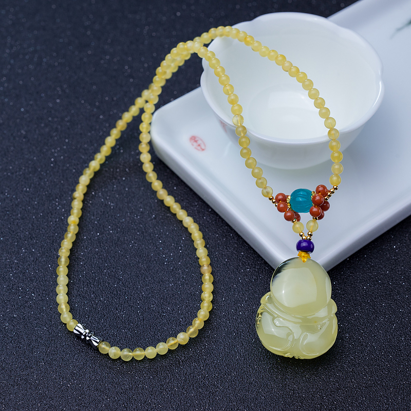 柠檬黄蜜蜡弥勒佛吊坠-红掌柜