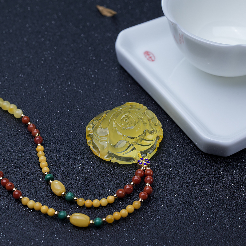 鸡油黄蜜蜡牡丹花吊坠-红掌柜