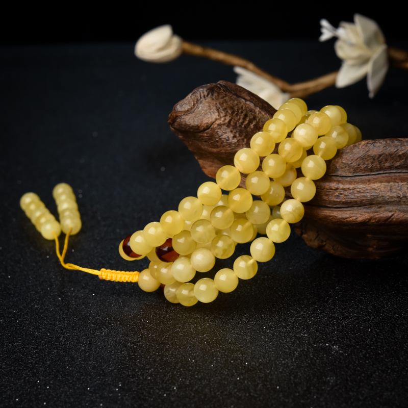 天然8mm鸡油黄蜜蜡108佛珠-红掌柜