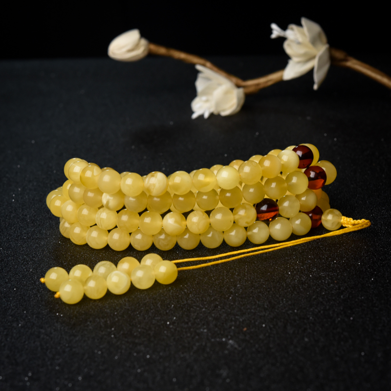 天然9.5mm鸡油黄蜜蜡108佛珠-红掌柜