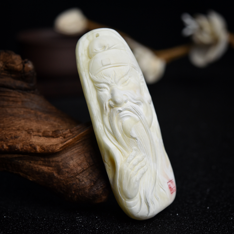 天然象牙白白蜜关公吊坠-红掌柜