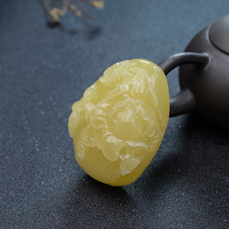 天然柠檬黄蜜蜡蝶恋花吊坠-红掌柜