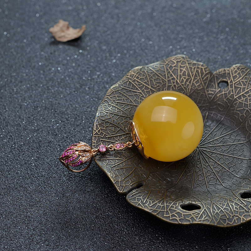 18K鸡油黄蜜蜡圆珠吊坠-红掌柜