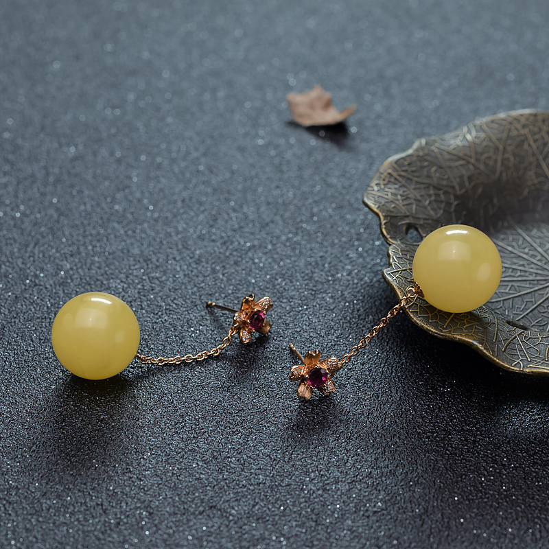 蜜蜡圆珠耳坠-红掌柜