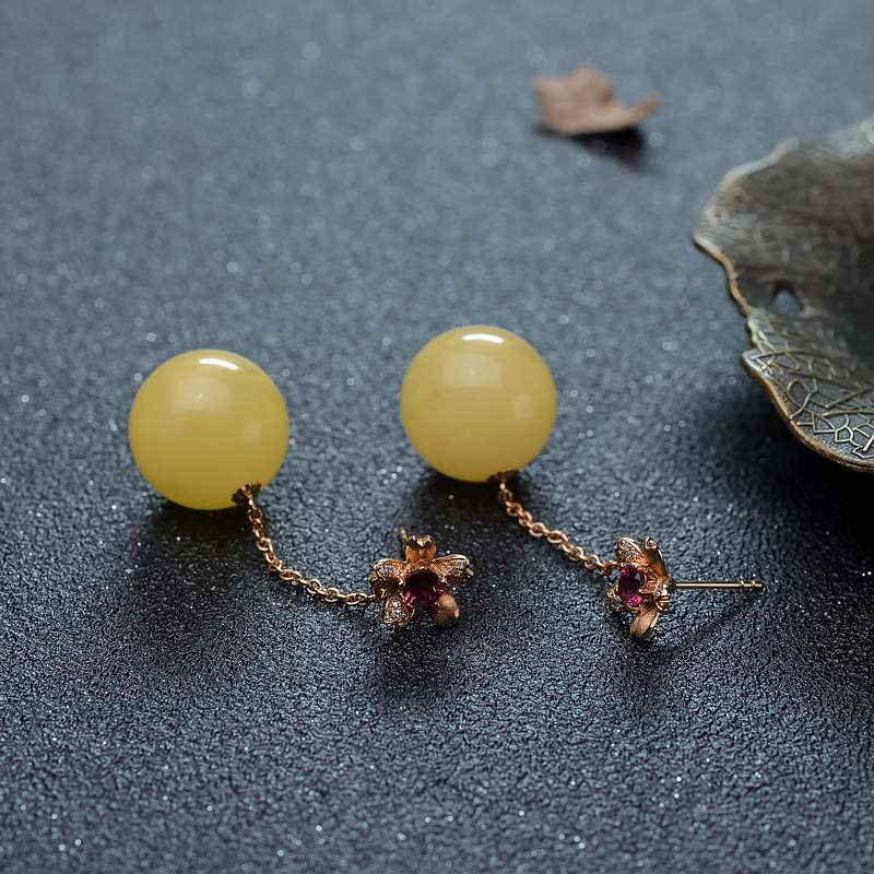 天然18K蜜蜡圆珠耳坠-红掌柜