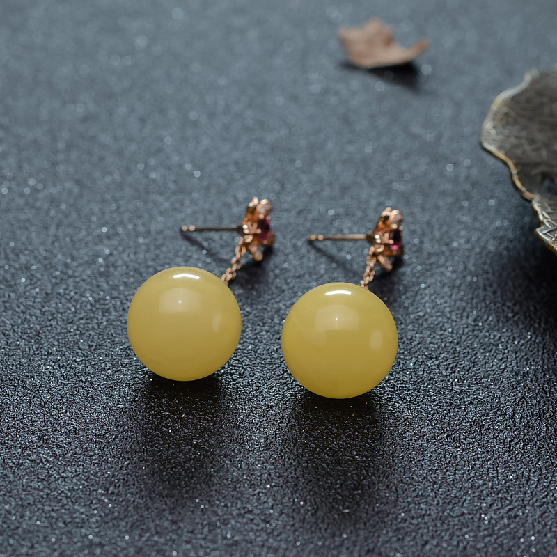 波罗的海18K蜜蜡圆珠耳坠-红掌柜