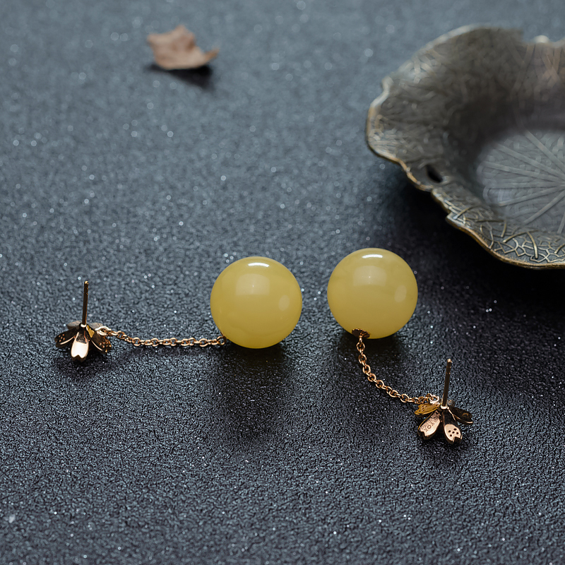 天然蜜蜡圆珠耳坠-红掌柜