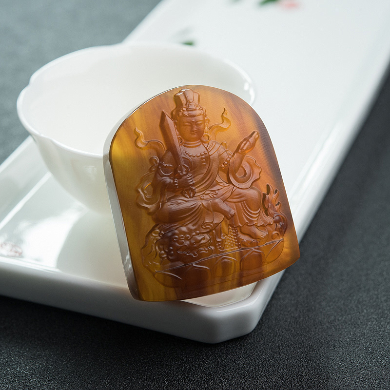 天然棕珀文殊菩萨吊坠-红掌柜