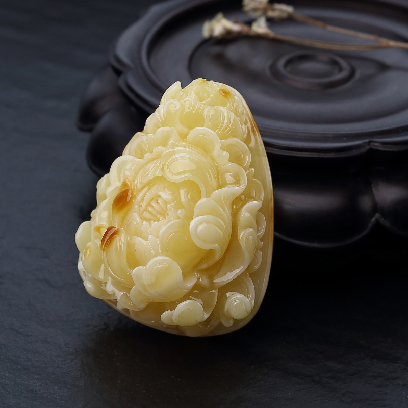 天然带皮俏色蜜蜡牡丹花吊坠-红掌柜