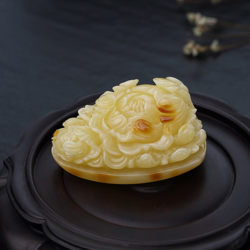 波罗的海天然带皮蜜蜡牡丹花吊坠-红掌柜