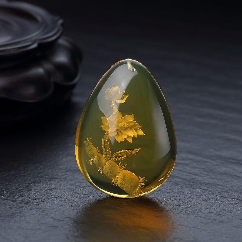 天然墨西哥蓝珀莲花吊坠-红掌柜