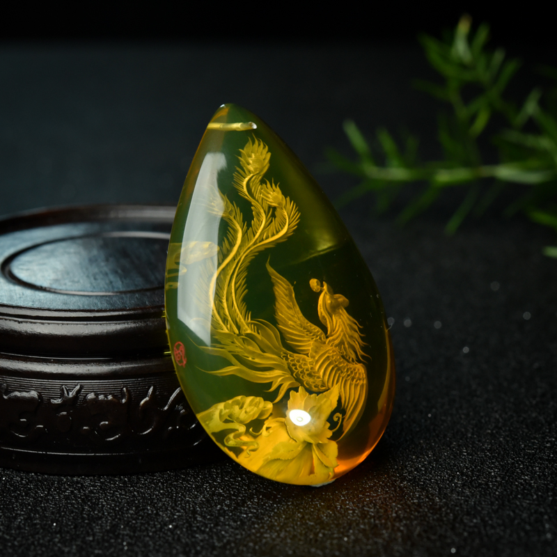 天然墨西哥蓝珀牡丹引凤吊坠-红掌柜