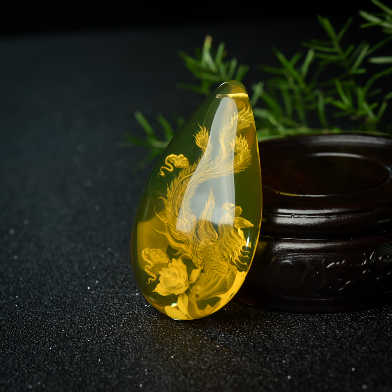 墨西哥天然蓝珀牡丹引凤吊坠-红掌柜