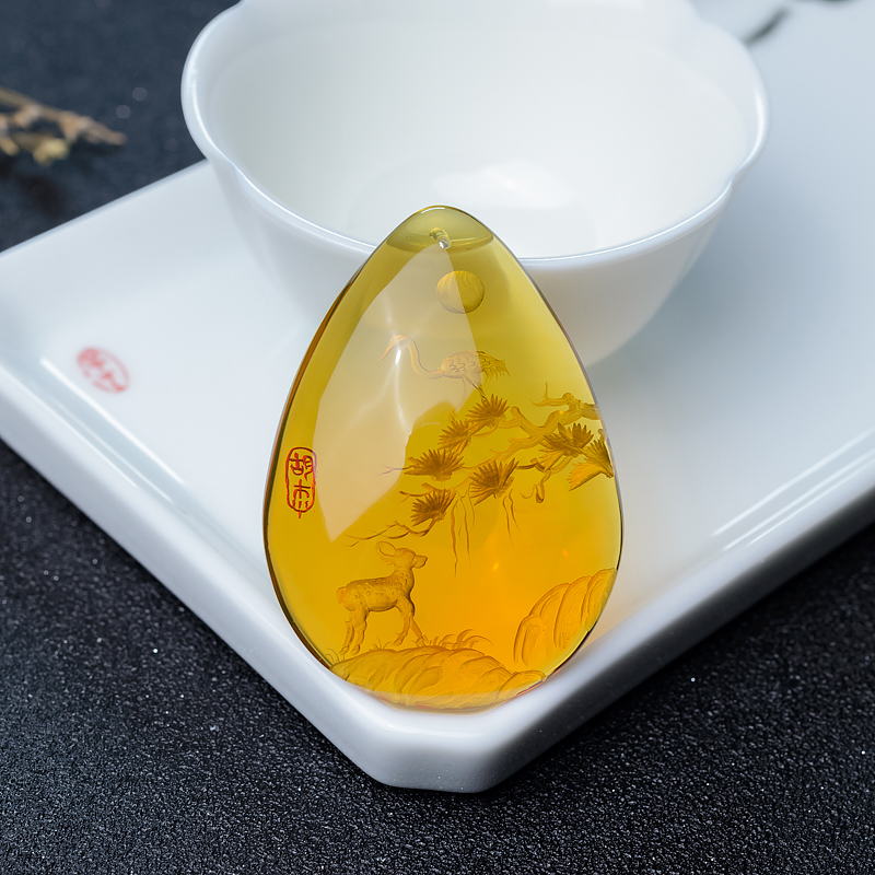 蓝珀松鹤延年吊坠-红掌柜