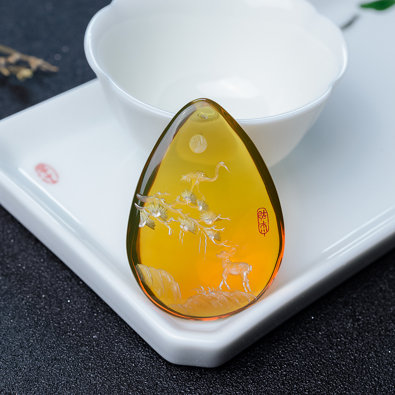 净水天然蓝珀松鹤延年吊坠-红掌柜