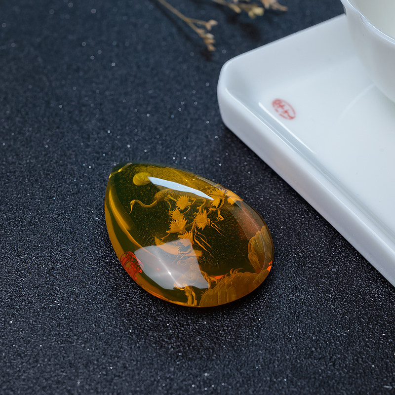 天然墨西哥蓝珀松鹤延年吊坠-红掌柜