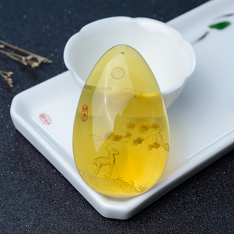 墨西哥天然蓝珀松鹤延年吊坠-红掌柜