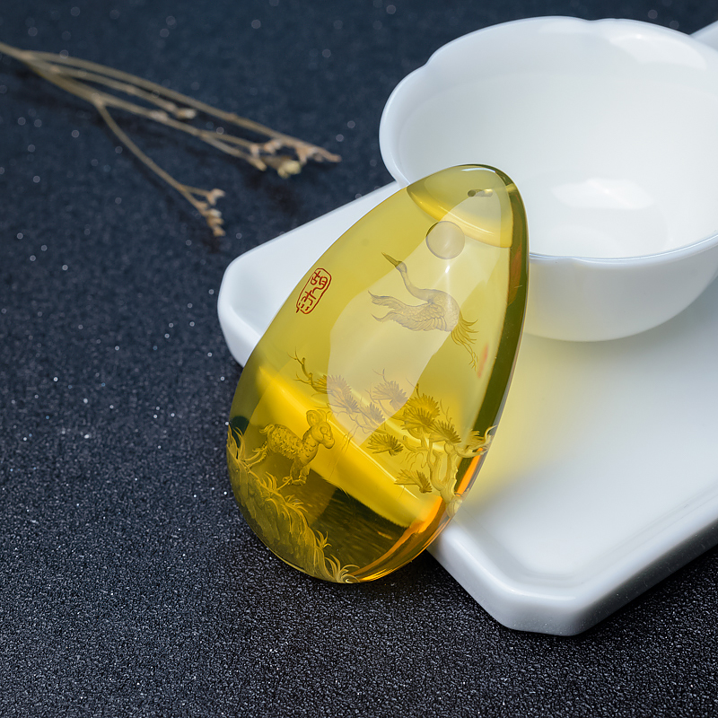 天然蓝珀松鹤延年吊坠-红掌柜