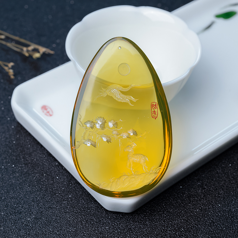 净水蓝珀松鹤延年吊坠-红掌柜