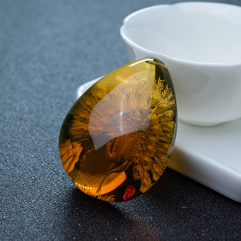 天然墨西哥蓝珀孔雀开屏吊坠-红掌柜