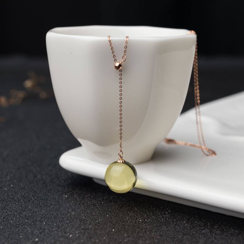 18K金镶天然墨西哥蓝珀圆珠项链-红掌柜